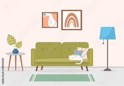 Living room interior with furniture. Modern living room interior. Sleeping cat on the sofa. Cozy apartment with sofa, coffee table, lamp and paintings on the wall. Vector illustration in a flat style.