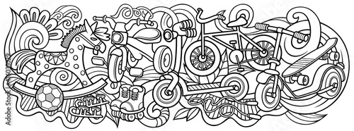 Cartoon doodles hand drawn kids toys illustration.