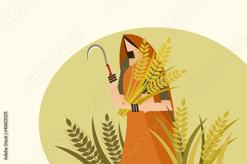 Traditionally dressed Indian woman holding harvested wheat and sickle in her hand