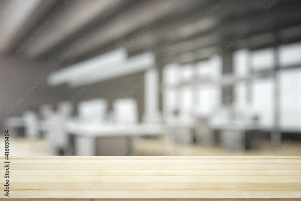 Empty wooden tabletop with modern furnished office on background, mock up Empty wooden tabletop with modern furnished office on background, mock up