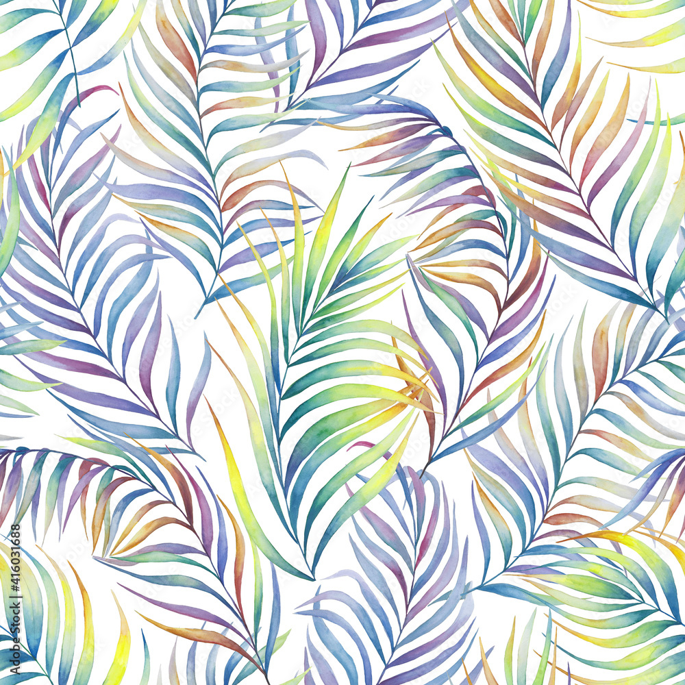 Tropical palm leaves watercolor seamless illustration
