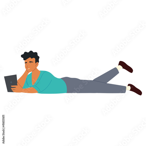young man with smartphone lying on floor, procrastinating isolated design
