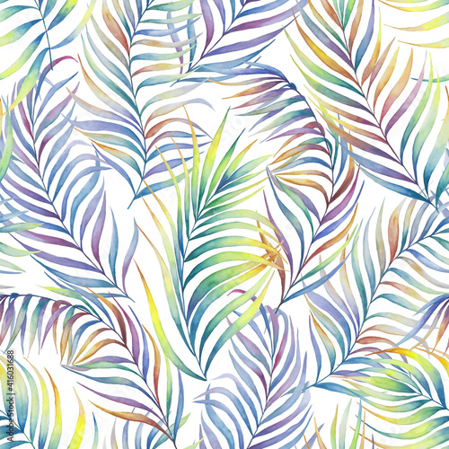Tropical palm leaves watercolor seamless illustration