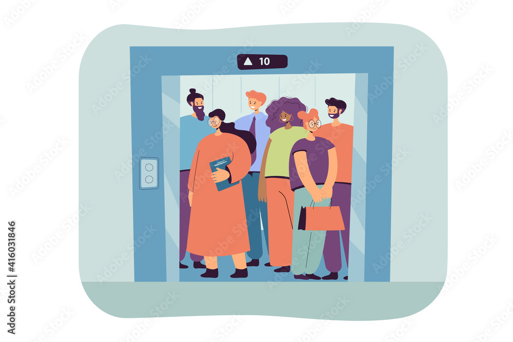 Group of people standing in elevator isolated flat vector illustration ...