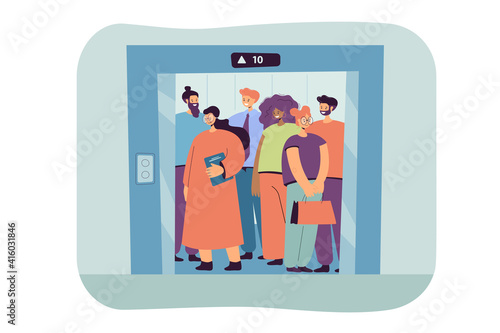 Group of people standing in elevator isolated flat vector illustration. Cartoon different characters inside lift with open doors. Office and building interior concept