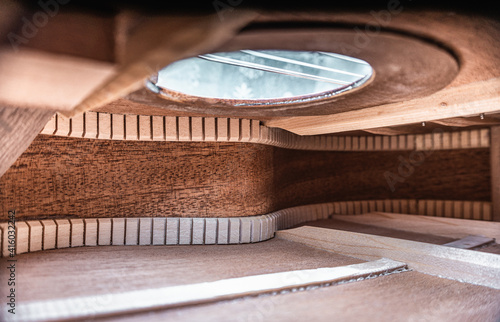 Look inside the guitar. Ukulele inside out. Close-up, selective focus