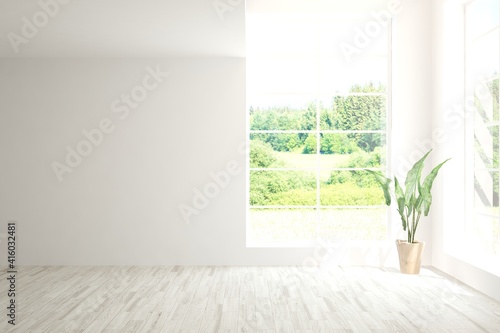 White empty room with summer landscape in window. Scandinavian interior design. 3D illustration