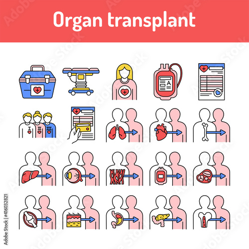 Organ transplant line icons set. Isolated vector element.