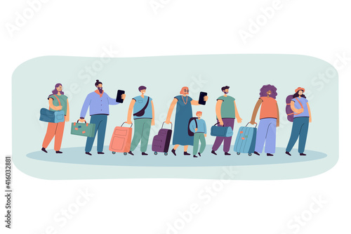 Big group of tourists in line with baggage flat vector illustration. Cartoon happy characters walking in airport with suitcases and bags. Travel and journey concept