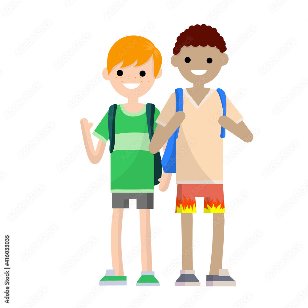 Two student friend with backpacks. Men in shorts. A vacation in the summer season