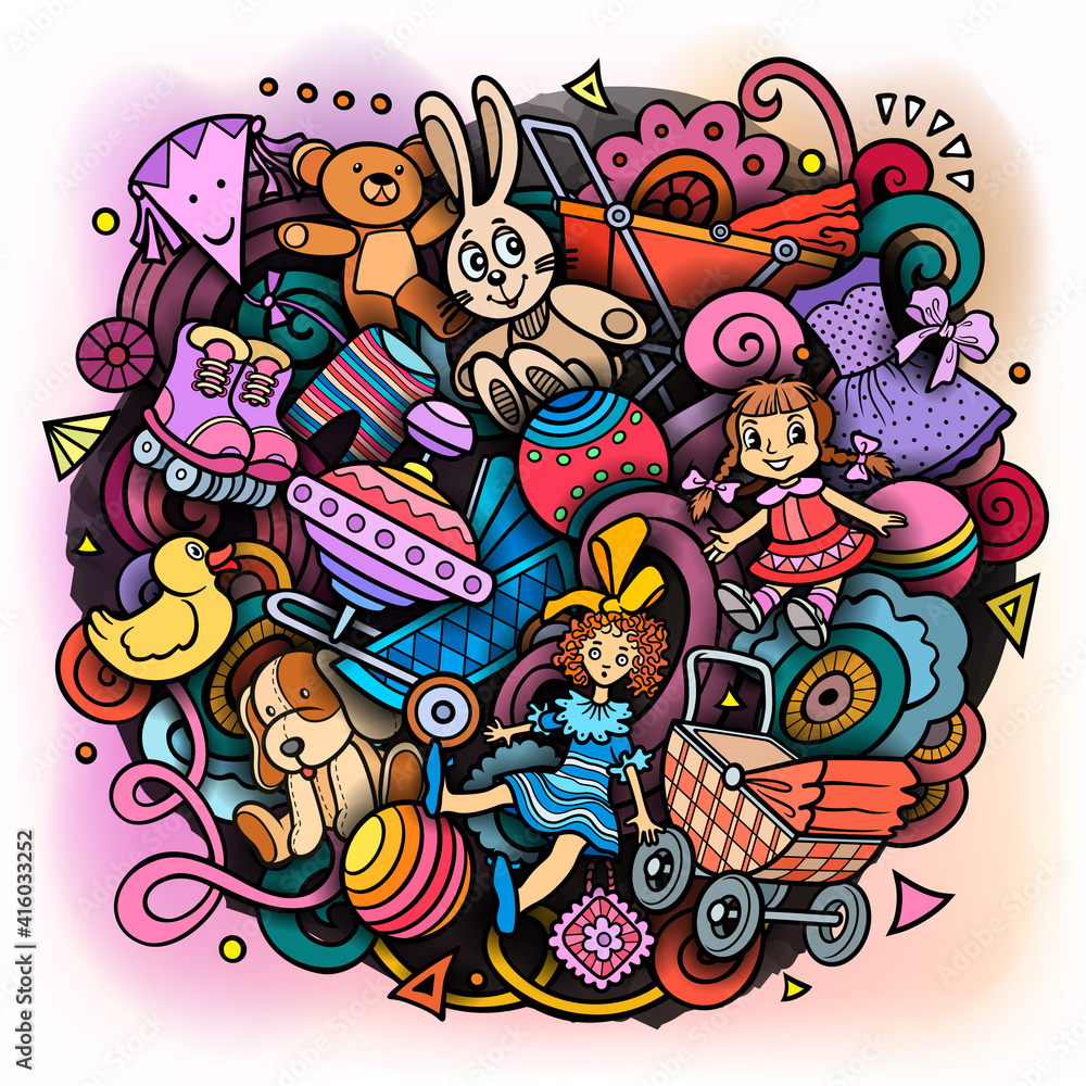 Fototapeta premium Cartoon doodles hand drawn kids toys illustration