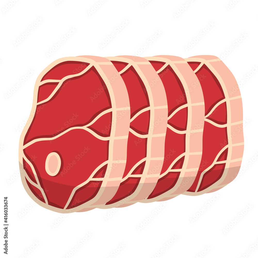 Piece of raw meat. Fresh red food with streaks and fat. Element of kitchen, grill, BBQ, steak and delicious meal. Cartoon illustration. Cut off half beef piece Piece of raw meat. Fresh red food with streaks and fat. Element of kitchen, grill, BBQ, steak and delicious meal. Cartoon illustration. Cut off half beef piece