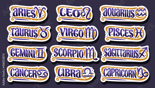 Vector set of Zodiac Signs, collection of 12 cut out Astrology Symbols with illustrations of zodiac signs and hand written brush words, twelve handwriting astrology symbols for horoscope prediction.