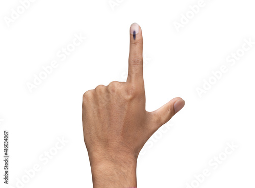 male Indian Voter Hand with voting sign or ink pointing out , Voting sign on finger tip Indian Voting © GEMINI