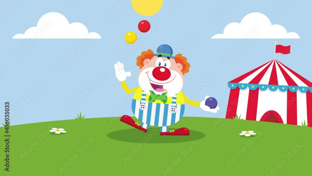 Funny Clown Cartoon Character With Balloons And Birthday Cake. 4K Animation Video Motion Graphics With Landscape Background And Text Funny Clown Cartoon Character With Balloons And Birthday Cake. 4K Animation Video Motion Graphics With Landscape Background And Text