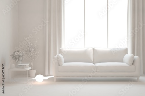 White minimalist living room with sofa. Scandinavian interior design. 3D illustration