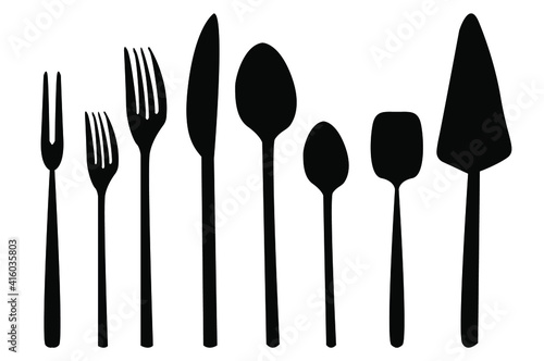  Cutlery icons set: knife, fork, spoon. Hand-drawn vector illustration.