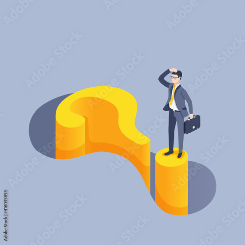 isometric vector illustration on a gray background, a man in a business suit with a briefcase stands on a yellow sign of the question, problem and the search for its solution