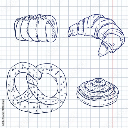 Vector Sketch Set of Fresh Baked Bread Loaves and Baguettes