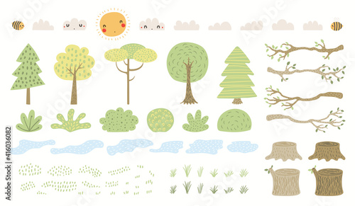 Woodland landscape clipart set, tree, bush, grass, pond, isolated on white. Hand drawn vector illustration. Scene creator, elements collection. Scandinavian style flat design. Concept for kids print