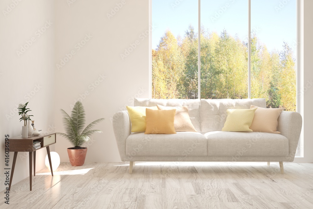 Stylish room in white color with sofa and autumn landscape in window. Scandinavian interior design. 3D illustration Stylish room in white color with sofa and autumn landscape in window. Scandinavian interior design. 3D illustration