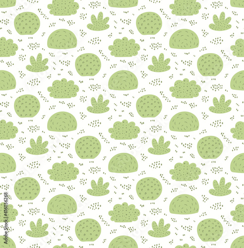 Shrubs  bushes  grass seamless pattern on a white background. Hand drawn vector illustration. Scandinavian style flat design. Concept for kids woodland textile  fashion print  wallpaper  packaging.