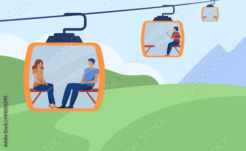 Happy people using cable railroad or funicular. Cabin, air, nature flat vector illustration. Travel, vacation and leisure concept for banner, website design or landing web page