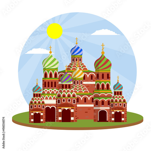Orthodox Church. Eastern religious temple with bell tower. Monastery and Cathedral. Element of red square in Moscow Kremlin. Cartoon flat illustration. Prayer and Christian Greek and Russian faith