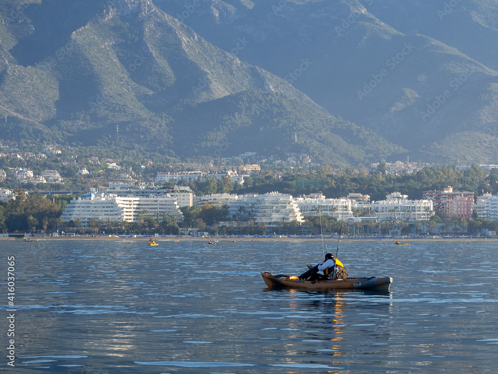 Fototapeta kayak fishing competition in the Mediterranean Sea - Marbella. Andalusia