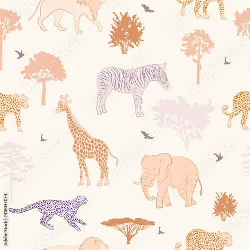 Seamless pattern with African wild animals and plants. Editable vector illustration.