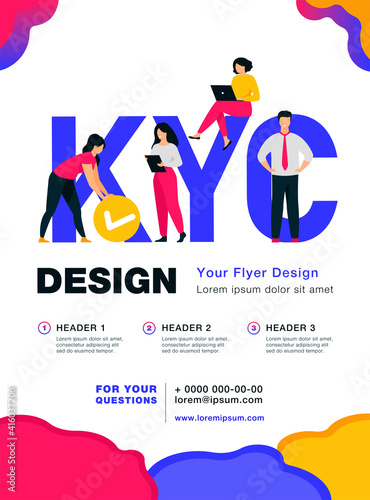 Know your customer concept. Marketing team doing research, collecting client surveys, analyzing risks. Business group using laptops and documents near KYC huge letters