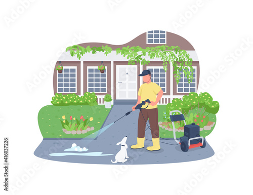 Sidewalk cleaning with power wash gun 2D vector web banner, poster. Professional cleaner flat characters on cartoon background. Spring outdoor cleaning work printable patch, colorful web element
