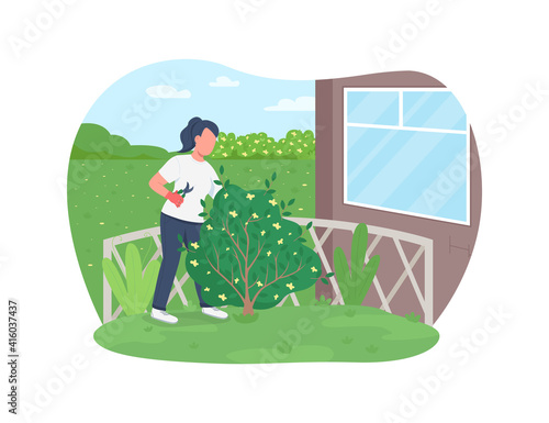 Garden work 2D vector web banner, poster. Gardener cutting hedge. Woman trimming bush flat character on cartoon background. Spring outside work printable patch, colorful web element