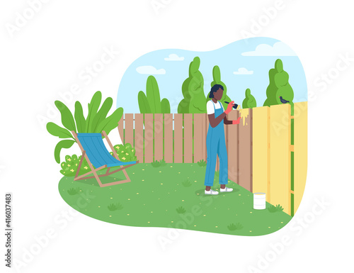 Garden maintenance 2D vector web banner, poster. African american woman painting fence flat character on cartoon background. Suburb home back yard printable patch, colorful web element