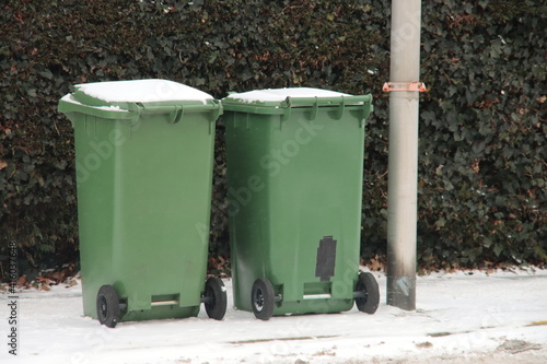 Snow on organic waste containers in Nieuwerkerk aan den IJssel in the Winter of 2021