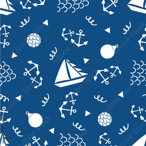 Boats, anchors, buoys vector seamless pattern background. Blue white backdrop with yachts, sailing equipment, scribbled abstract wavy lines and shapes. Duotone marine nautical themed all over print