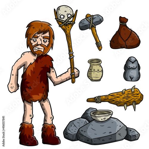 Cave primitive man and weapons. Set of items for hunting. Staff with skull, stone hammer, club