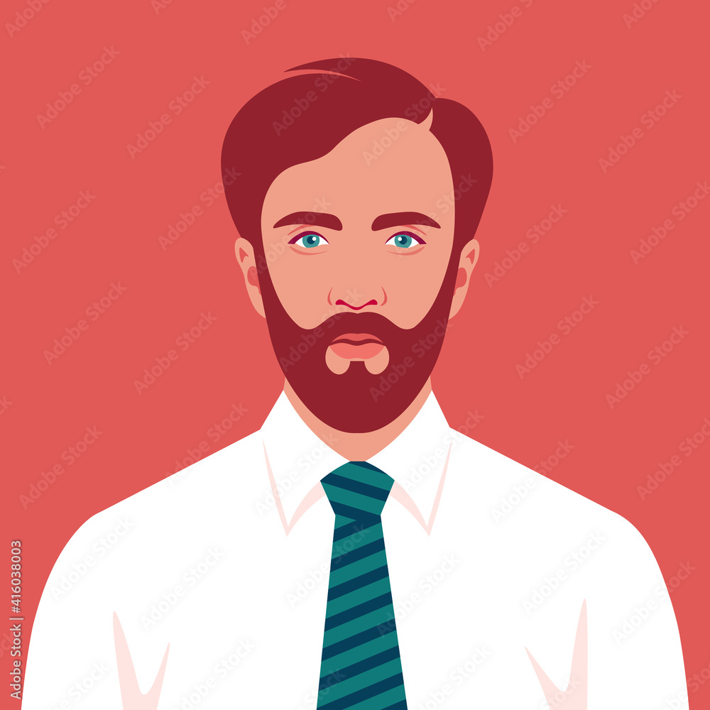 Portrait of a brown-haired man with necktie. Avatar of a businessman with beard. A young politician. Vector flat illustration Portrait of a brown-haired man with necktie. Avatar of a businessman with beard. A young politician. Vector flat illustration