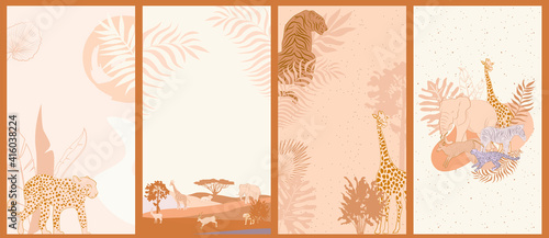 Collection of vertical background with African wild animals, plants. Mobile App, Social media background.  Editable vector illustration.