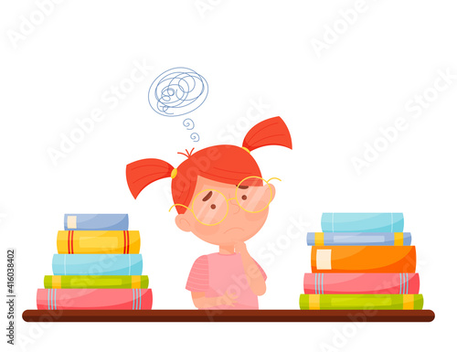 Confused girl with pile of books. Homeschooling challenges. vector illustration.