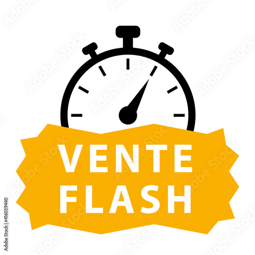 Vente flash. Icône jaune et noir avec chronomètre. Illustration vectorielle.
