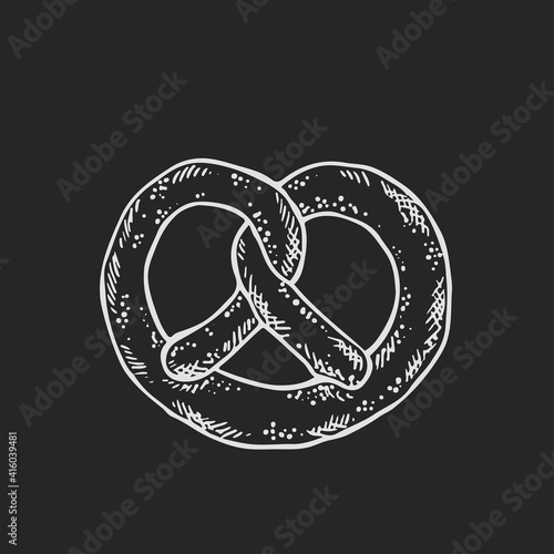 Vector illustration of pretzel salty pastry illustration in black and white on isolated a black background,