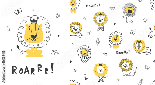 Seamless childish pattern with little lion, king of jungle. Cute vector texture for kids bedding, fabric, wallpaper, wrapping paper, textile, t-shirt print