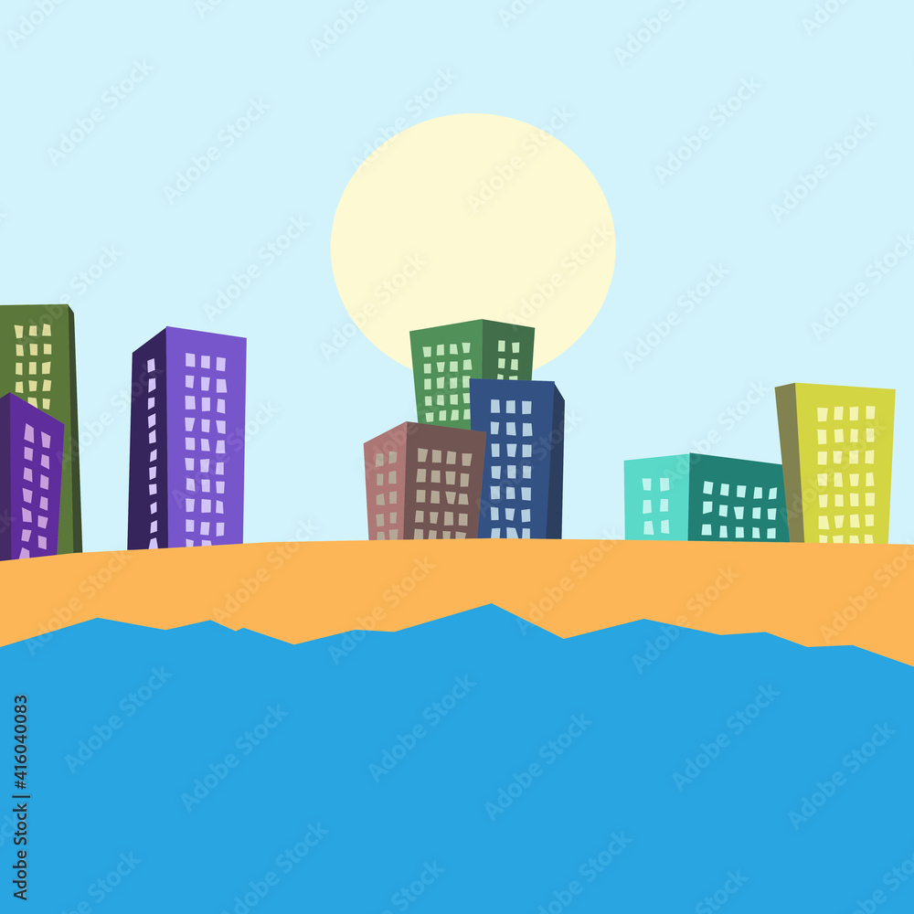 Illustration sea beach buildings graphic poster