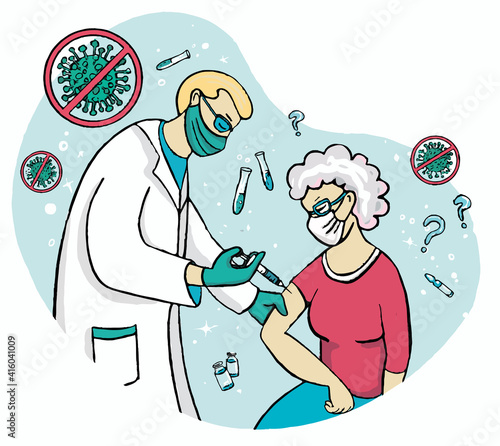 Vaccination of elders. Doctor makes a shot of Coronavirus vaccine to an old woman. Illustration in doodle style.