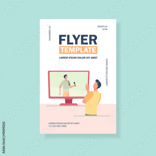Male singer with mic on TV screen. Excited man watching concert flat vector illustration. Fan, celebrity support, TV show concept for banner, website design or landing web page