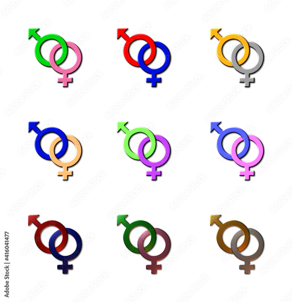 A set of nine 3D rendered illustrations of male and female signs that are interlocked. All in different finishes, including metallic and non-metallic colours. A set of nine 3D rendered illustrations of male and female signs that are interlocked. All in different finishes, including metallic and non-metallic colours.