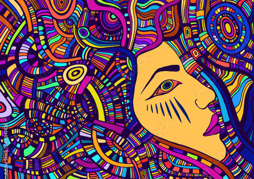 Colorful tribal surreal psychedelic  abstract face girl with crazy maze ornaments.