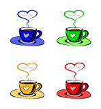 A graphic design of four coloured cups of coffee in different colours with the steam forming a heart above with space to put own text for advertising.