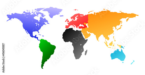 An Illustration of the world with identified continents using different colours.